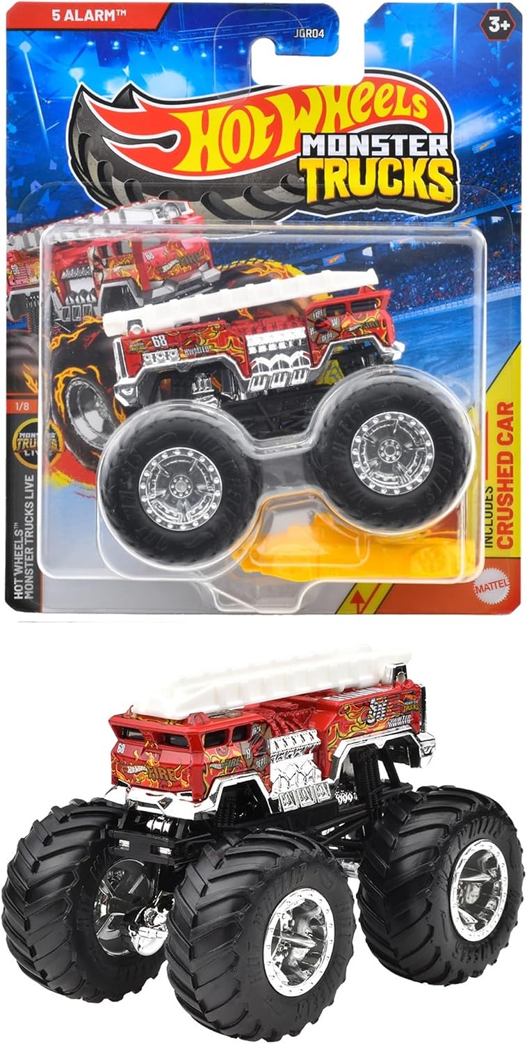ホットウィール JGR04 モンスタートラック ファイブ・アラーム 1:64 レッド、クラッシュ用ミニカー付き