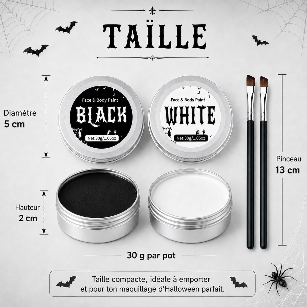 Detalle de SPINNE LUCAS Halloween-gezichtsmake-up, zwart-witte crème van 60 g met 2 kwasten
