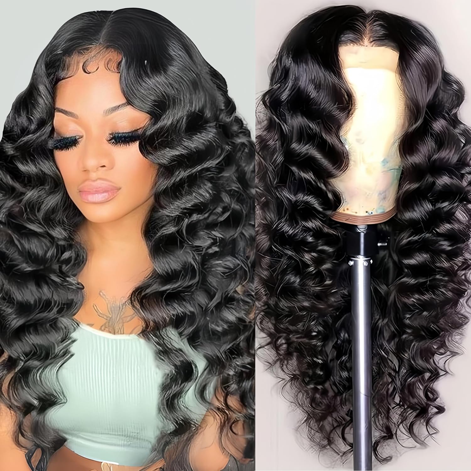 Detalle de NKTU Deep Wave Lace Front Wig 180 Density