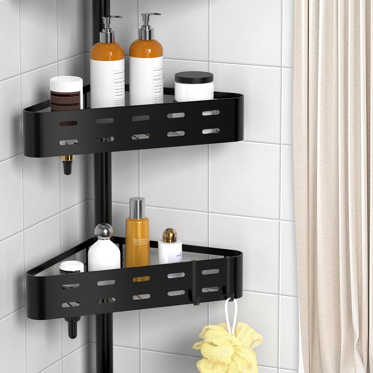 Thumbnail 2 de Kegii Telescopic Shower Caddy Corner black corner shower shelf with hooks