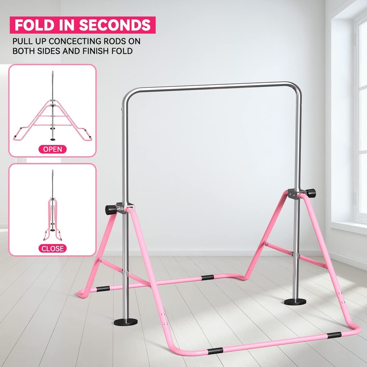 Detalle 1 de FBSPORT Gymnastics Bar for Kids (foldable, adjustable height horizontal bar) – supports 140lbs