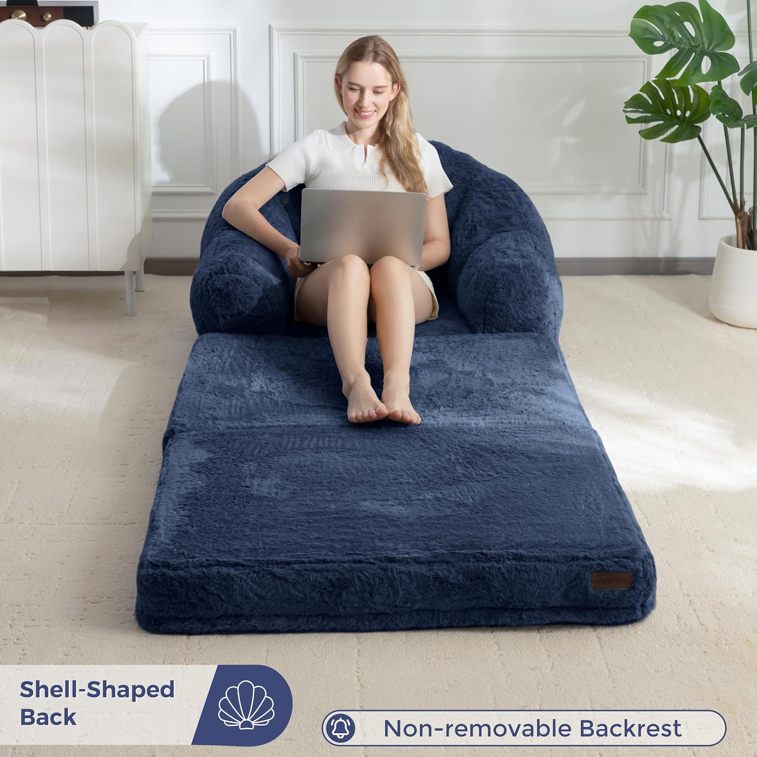 Thumbnail 5 de MAXYOYO Folding Sofa Bed, 2-in-1 Navy Faux Fur Floor Lounger, Medium
