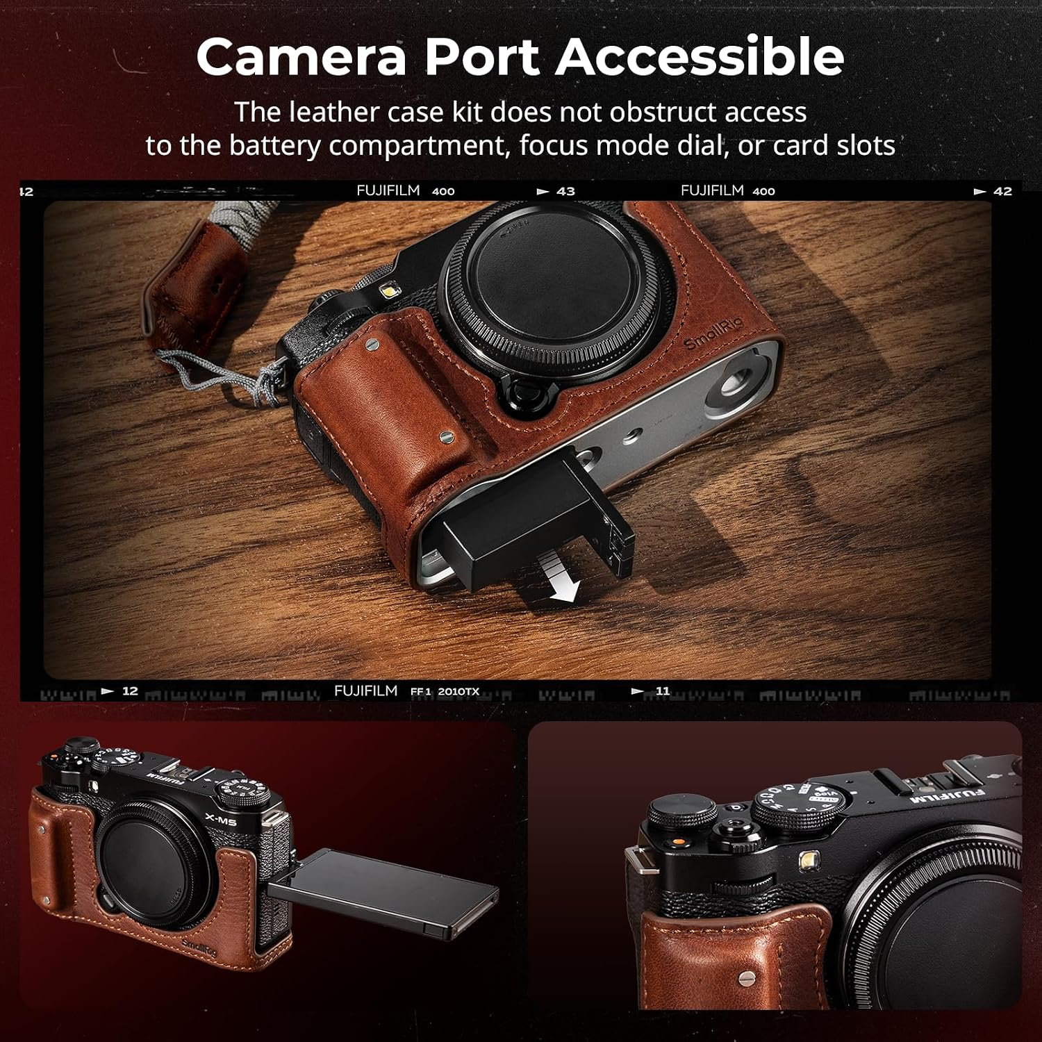 Detalle de SMALLRIG 4880 halfcase voor FUJIFILM X-M5, bruin, met polsband