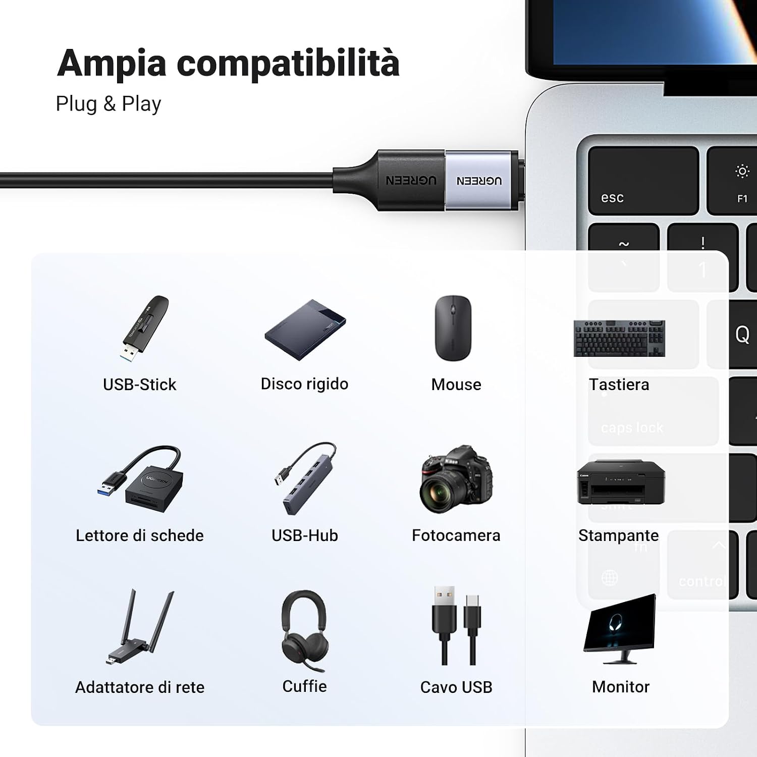 Detalle 2 de UGREEN Adattatore USB-C OTG a USB 3.0 Type A in alluminio (2 pezzi) con velocità dati fino a 5 Gbps