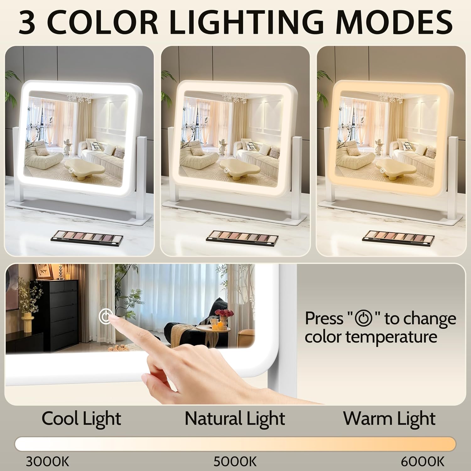 Thumbnail 3 de ROLOVE 14x12 Vanity Mirror with Lights – 360° Rotation, 3 Color Modes & Smart Touch (White)