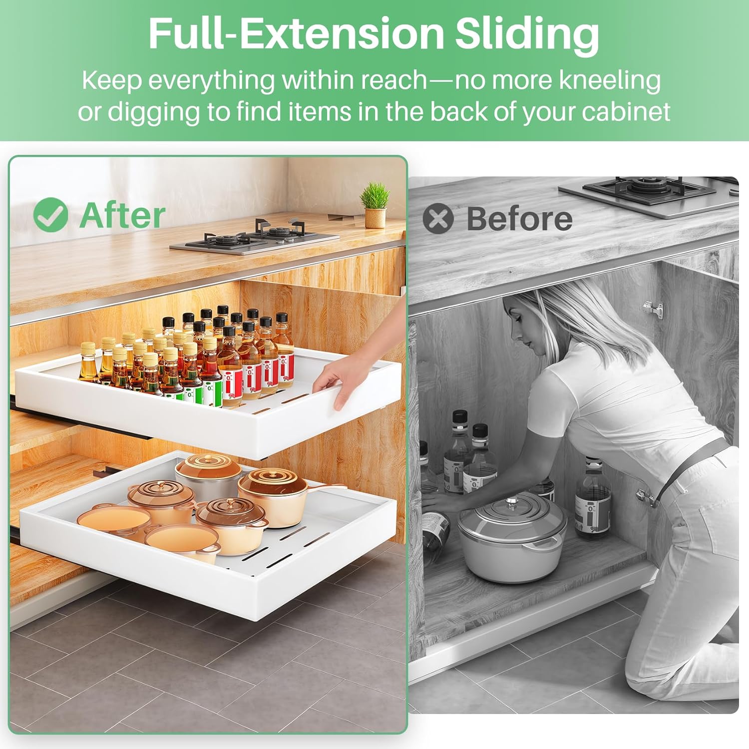 Thumbnail 2 de 2-Pack Pull-Out Cabinet Organizer (21" Deep) — Heavy-Duty Full-Extension Slide Out Drawers for Frameless Cabinets, White