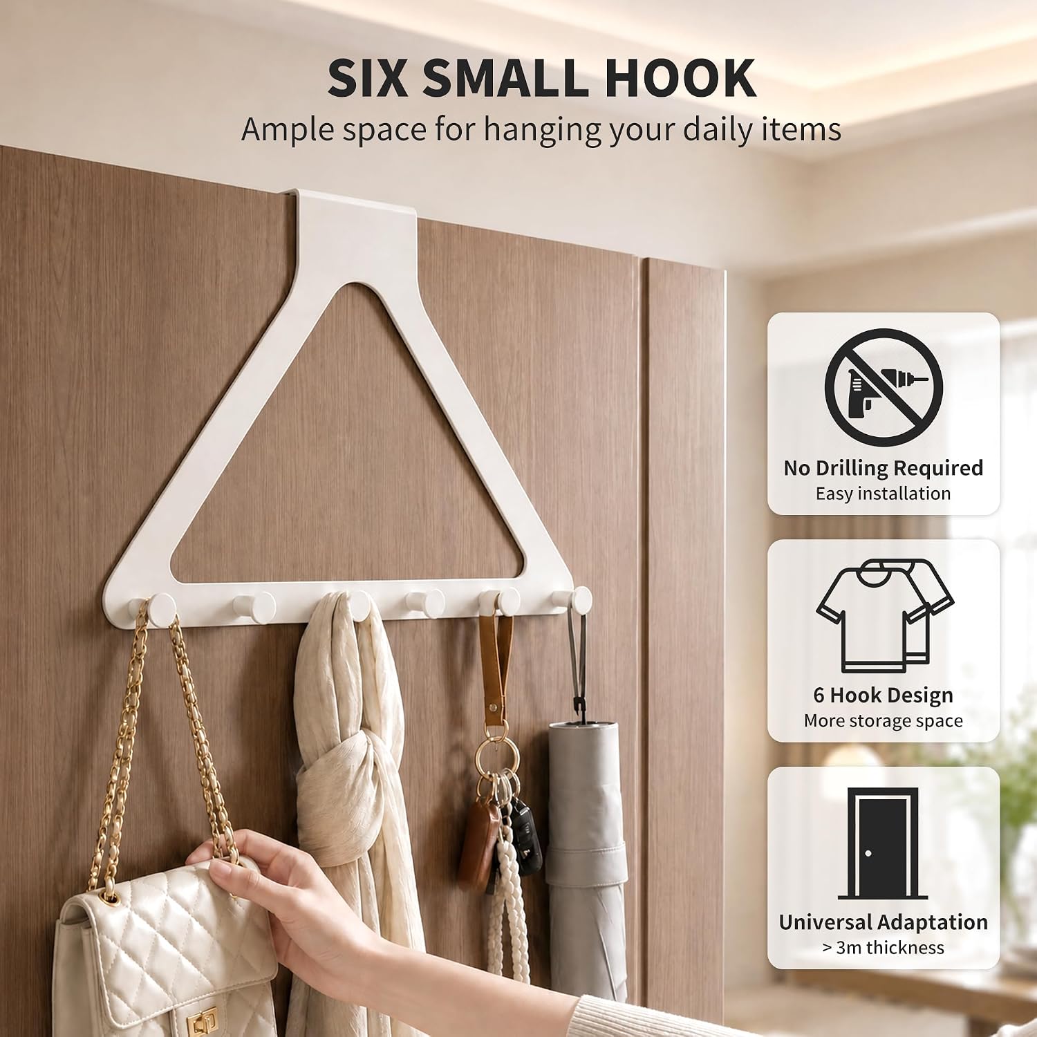 Thumbnail 5 de RFOUO RLS-6A-W1 Over-the-Door Hook Rack, 6 Hooks, White Metal, 22 cm