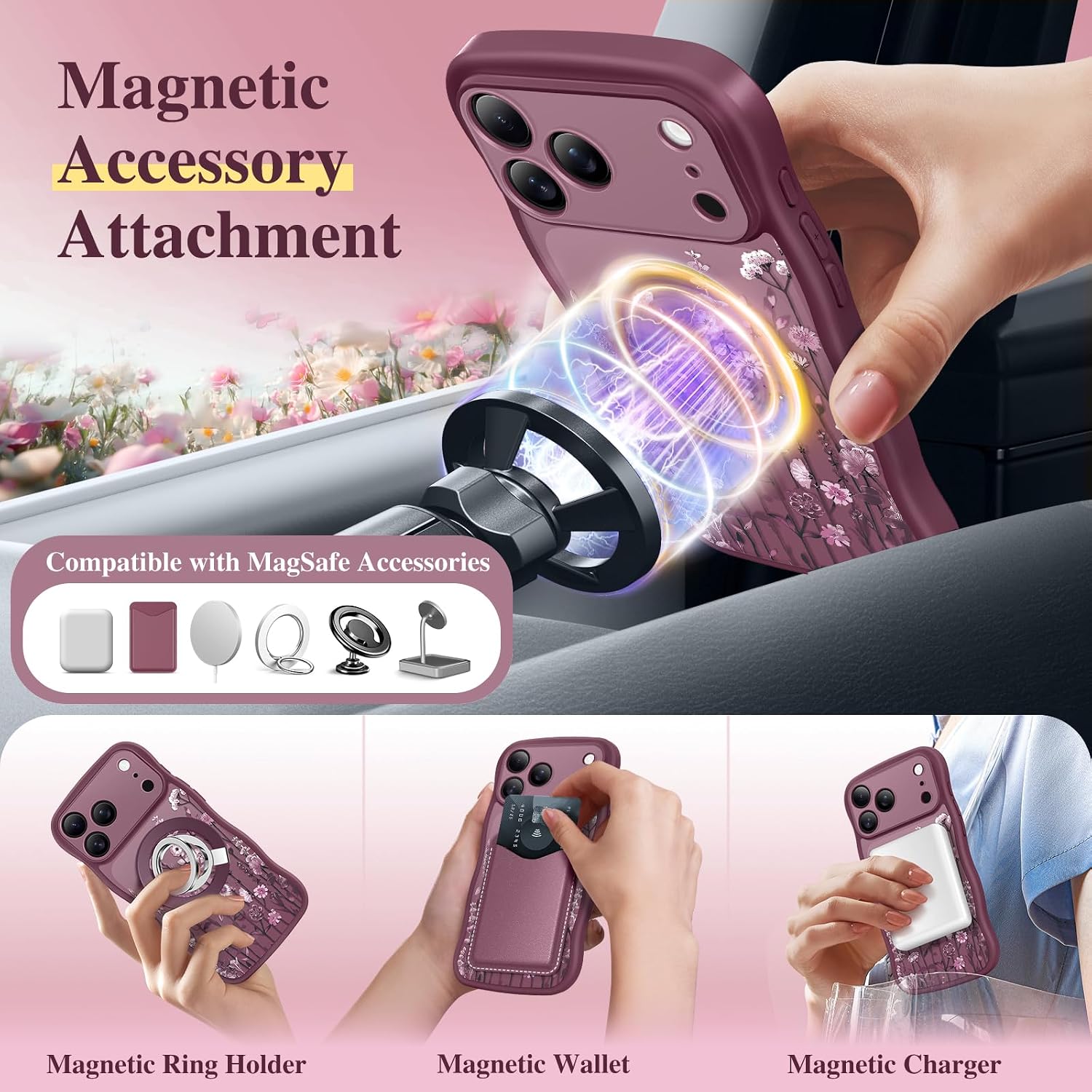 Detalle 2 de GVIEWIN Floral Translucent MagSafe Case for iPhone 17 Pro Max (Curly Wave Edge) – Full Camera Protection