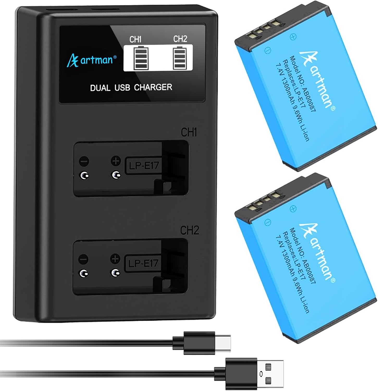 Detalle de Artman LP‑E17 2-Pack Battery with USB‑C Charger
