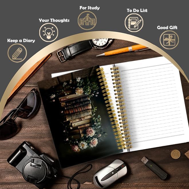Detalle 2 de LUKIPOM Dark Academia Reading Notebook, 5.5 x 8.3-Inch Spiral Journal, 80 Pages