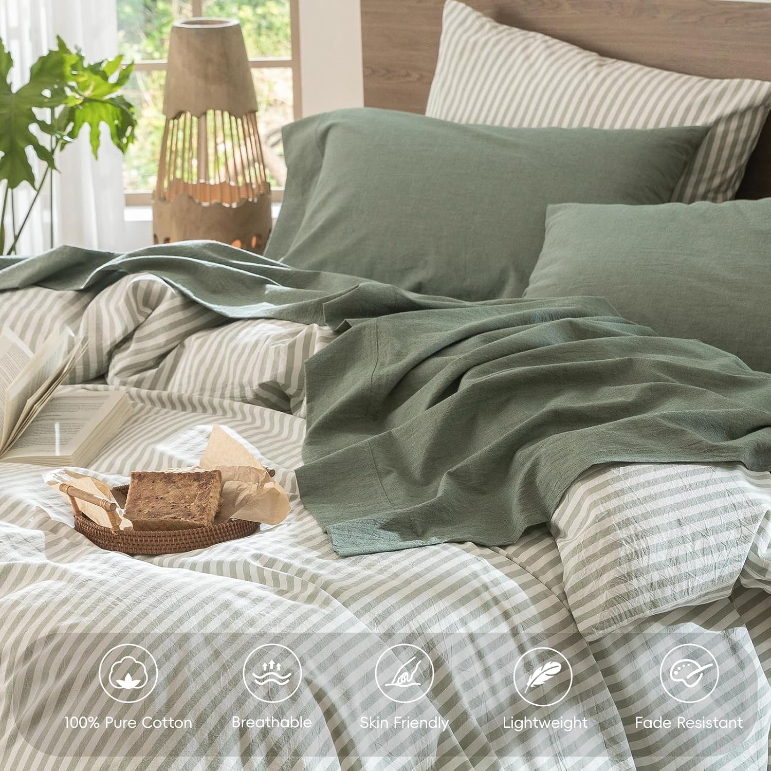 Detalle 2 de MooMee Bedding Sheet Set (King) 100% Washed Cotton Linen-Like Texture in Heathered Green