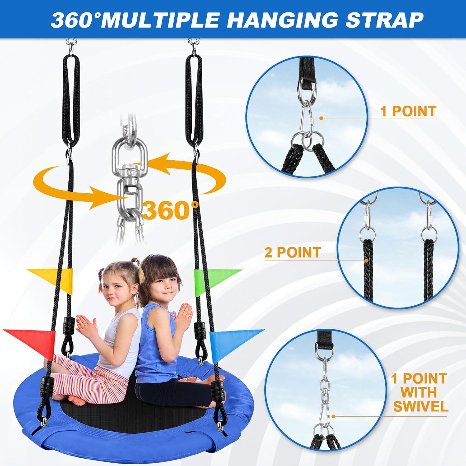 Detalle de Odoland 24" Kid Tree Swing – 360° Saucer Swing with Adjustable Ropes (900D Oxford) for Backyard Fun