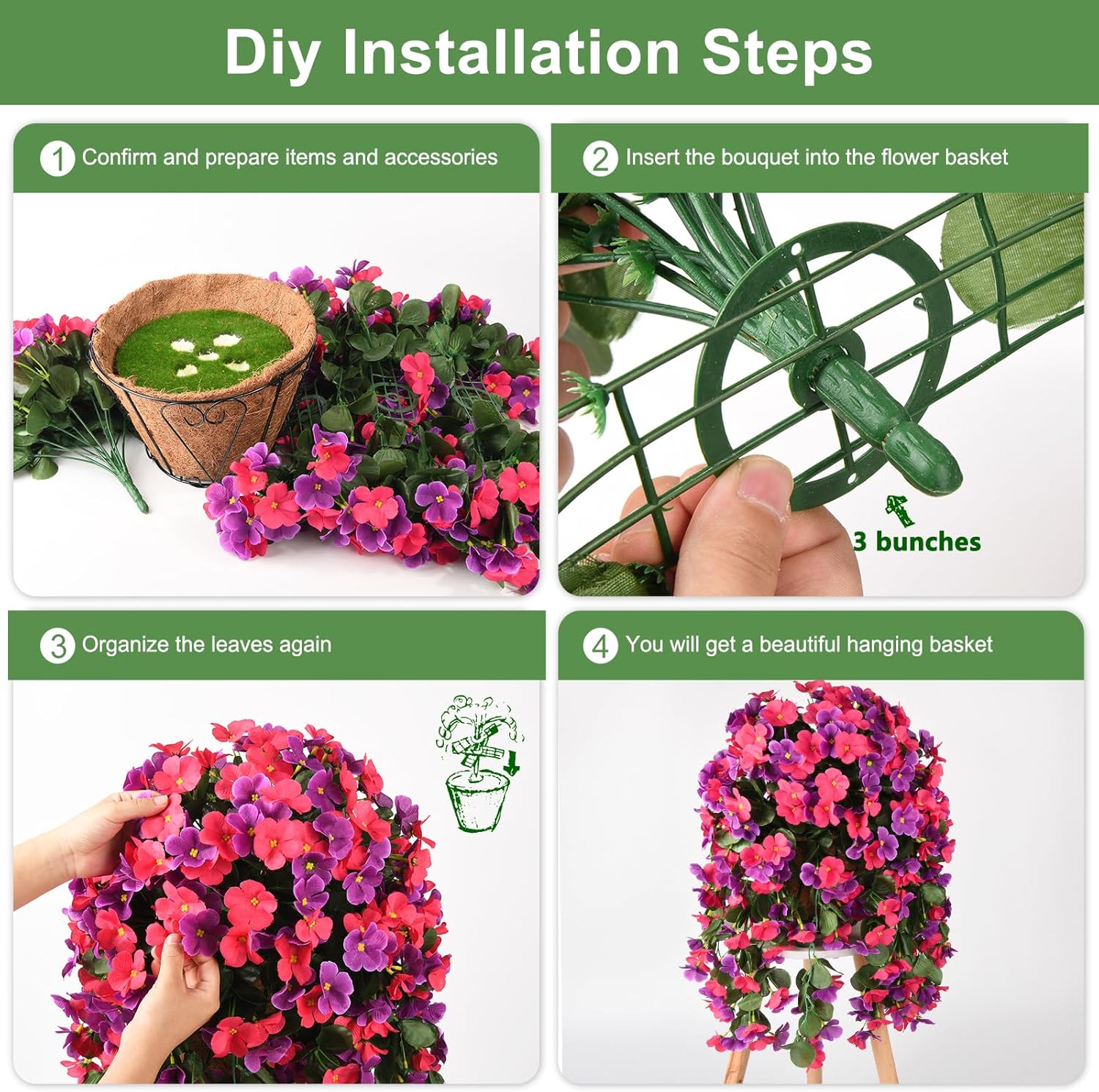 Thumbnail 6 de INQCMY Artificial Hanging Flowers Basket for Outdoor Decor – 4 Faux Begonia in Planter Look (Orchid Rose Red)