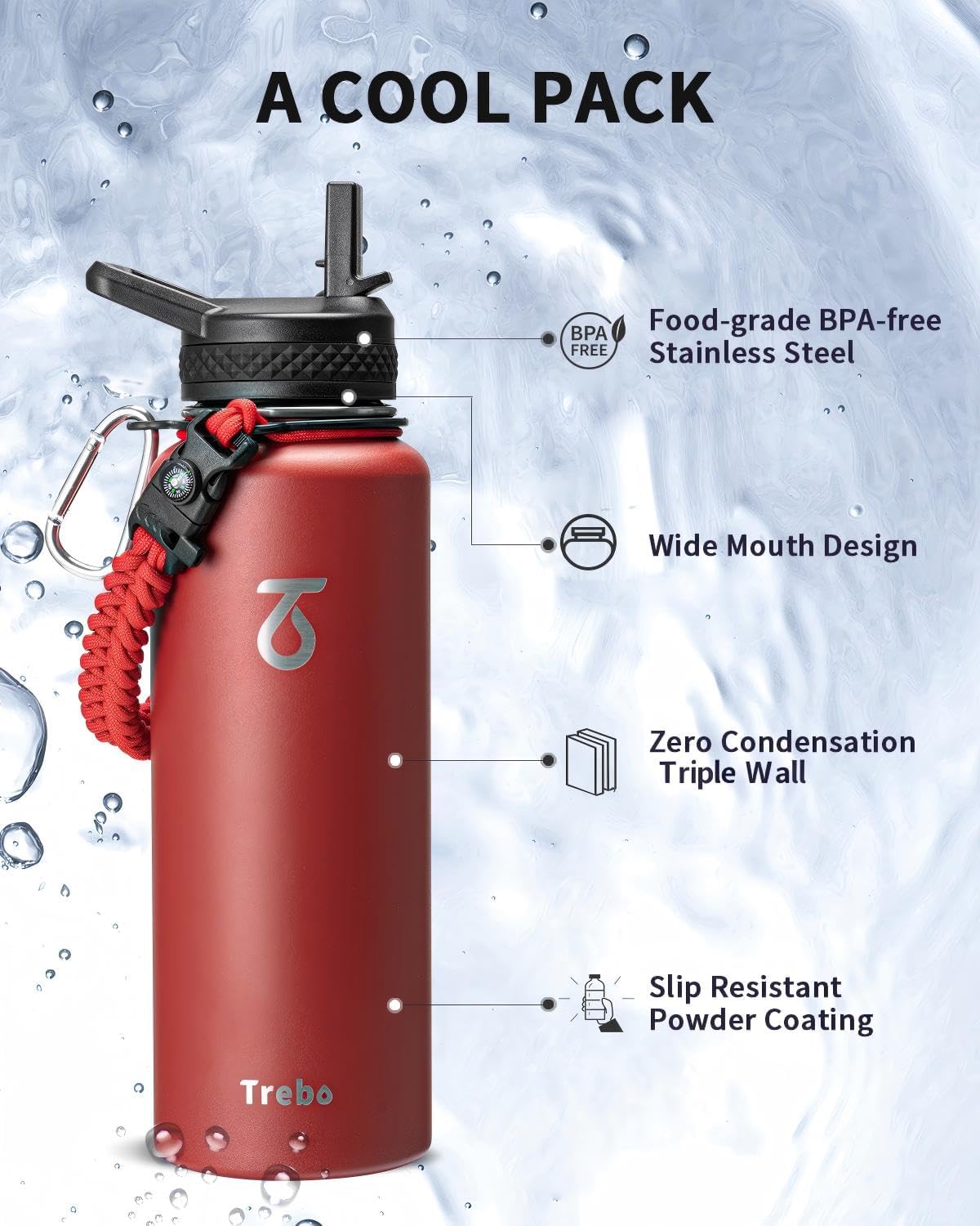 Detalle 2 de Trebo Borraccia Termica 1183 ml con Cannuccia e Paracord – Acciaio Inox, tre coperchi, bocca larga, rosso