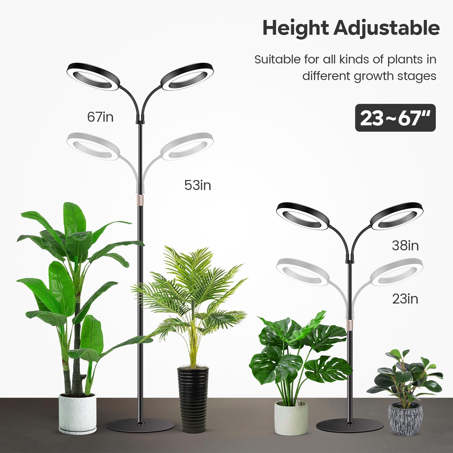 Detalle 2 de Garpsen Halo Pflanzenlampe mit Dual-Kopf Vollspektrum-LED, Standfuß, Timer 6/12/16 h und dimmbaren Stufen