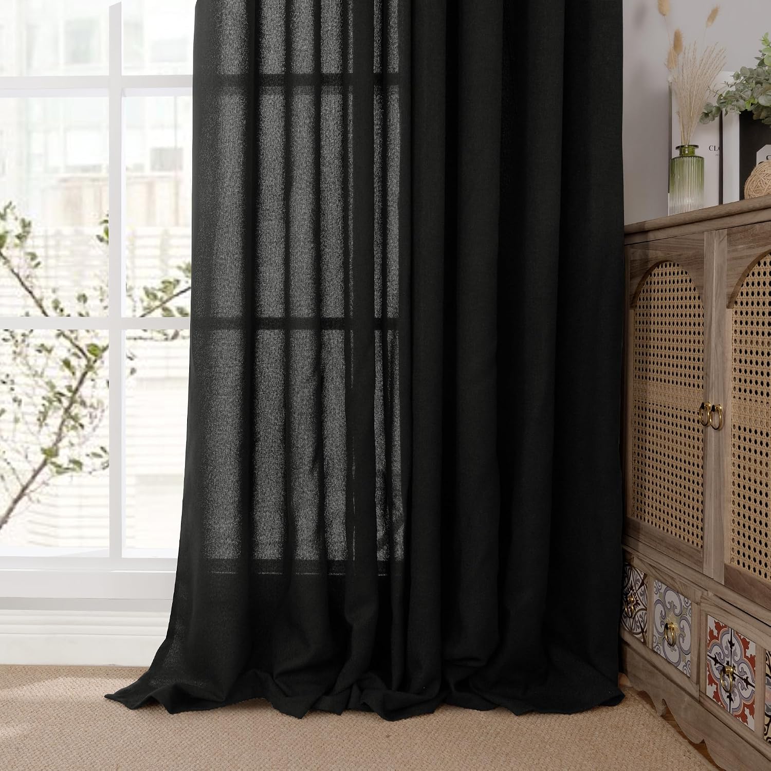 Thumbnail 6 de YoungsTex Black Linen-Look Curtains, 84-Inch, Light-Filtering, Bronze Grommets