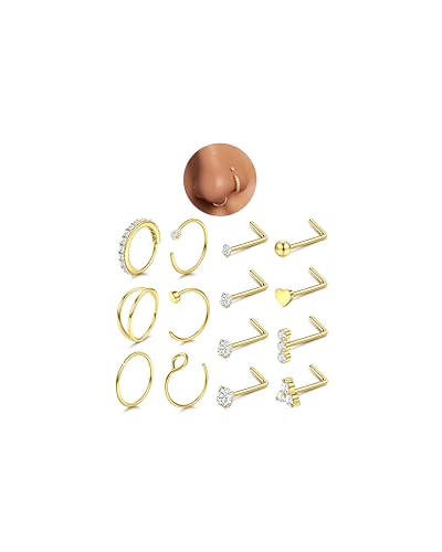 Detalle de CASSIECA 20G Gold Nose Ring & Stud Kit – Hypoallergenic 316L Surgical Steel with CZ Diamonds