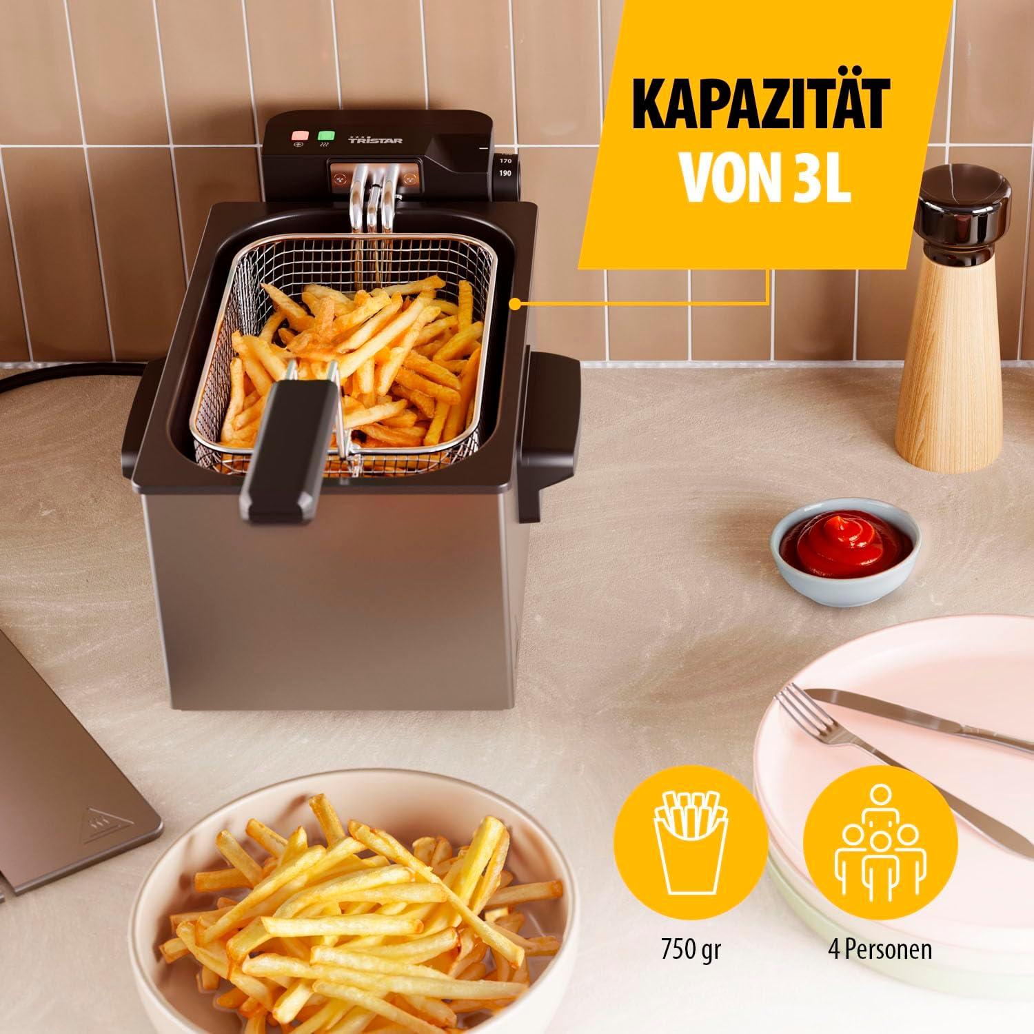 Detalle 2 de Tristar Edelstahl-Fritteuse FR-9326 – 3 L, Temperaturregelung bis 190 °C, Kaltzone, spülmaschinenfeste Teile