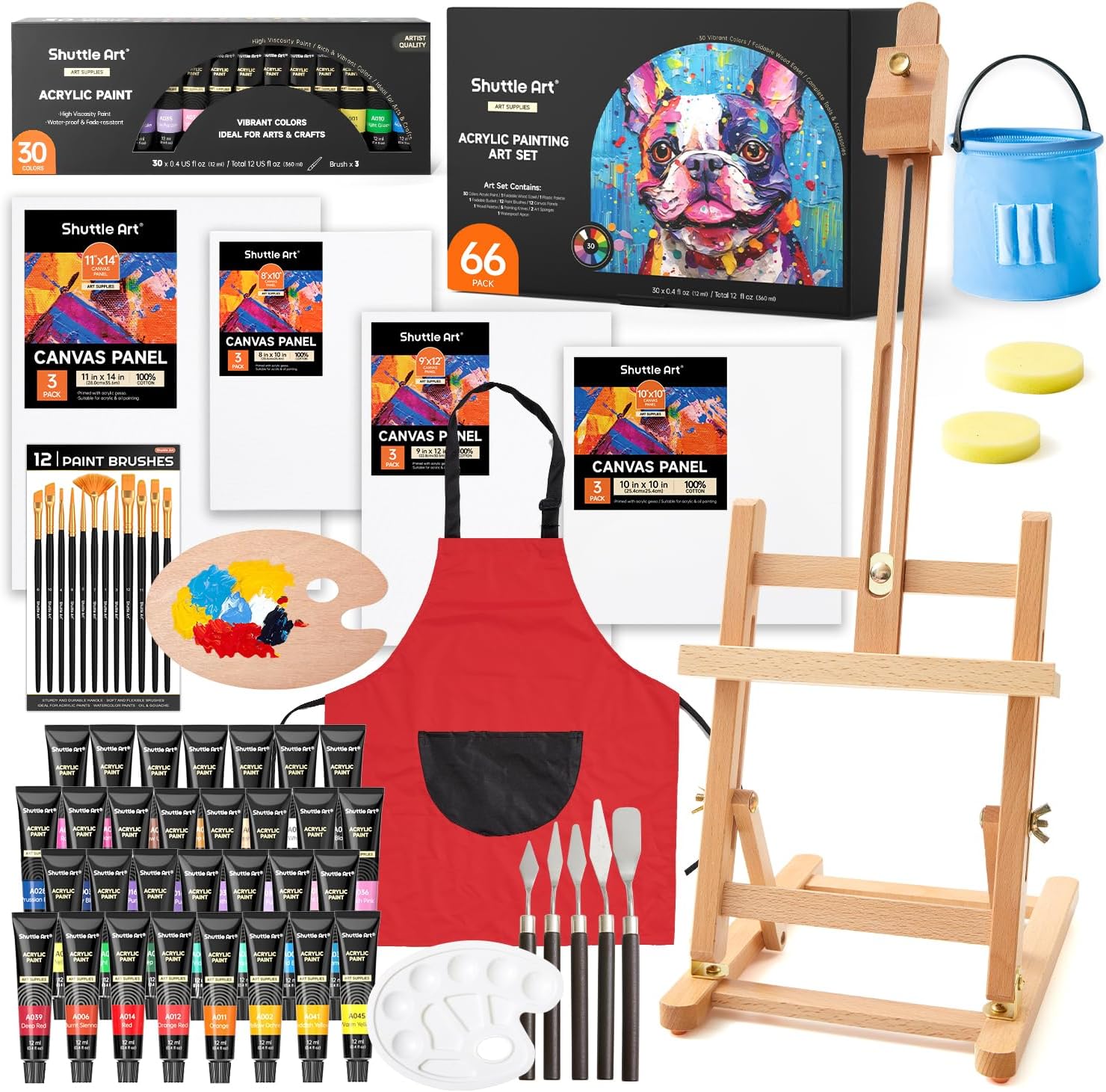 Detalle de Shuttle Art 66 Pack Acrylic Paint Set with Wooden Easel, Canvas and Brushes