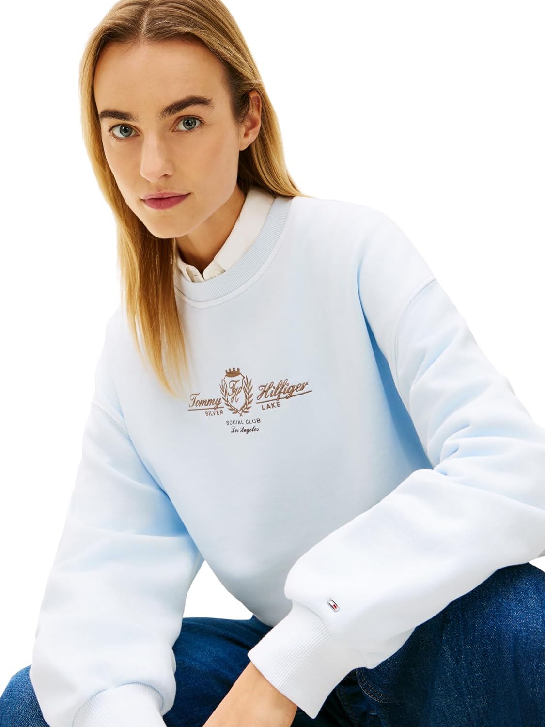 Detalle de Tommy Hilfiger Varsity Crest Terry Sweatshirt Donna – Felpa pullover originale e sostenibile