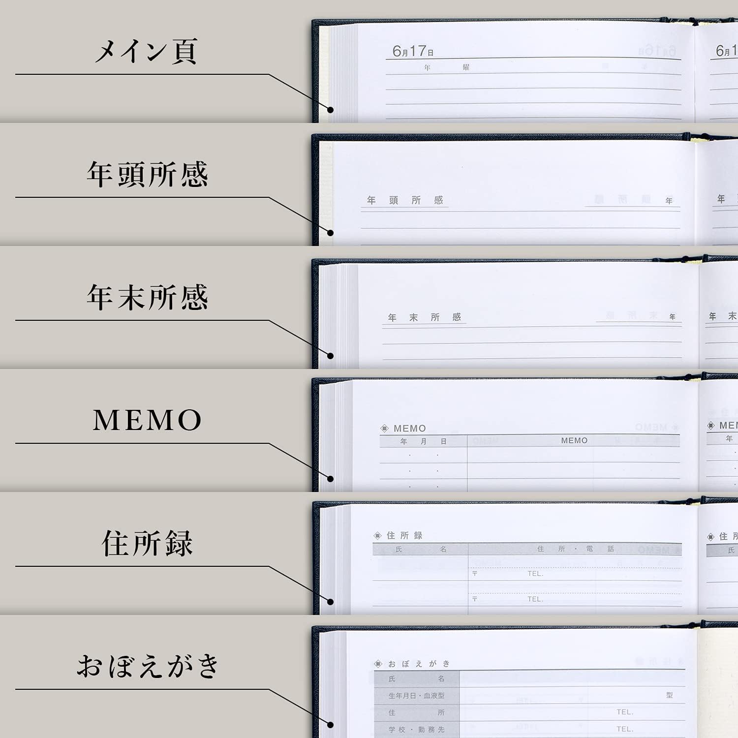 Detalle de アピカ D304 5年日記 A5横書き 日付表示付き 濃紺・紙箱ケース付き