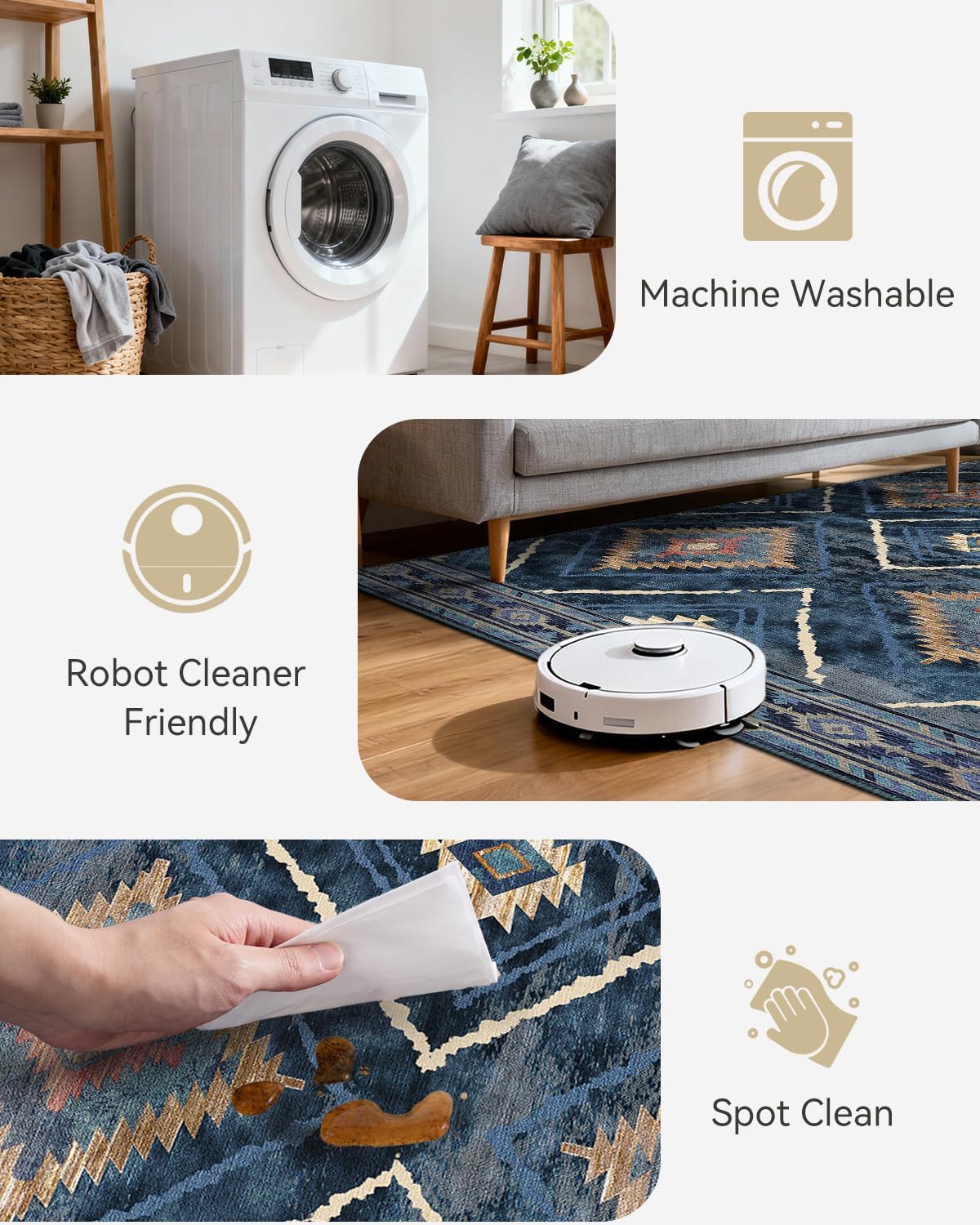 Thumbnail 4 de DEFYNEE Machine Washable Rugs 120x180 cm (Vintage Blue, Non-Slip Short Pile)