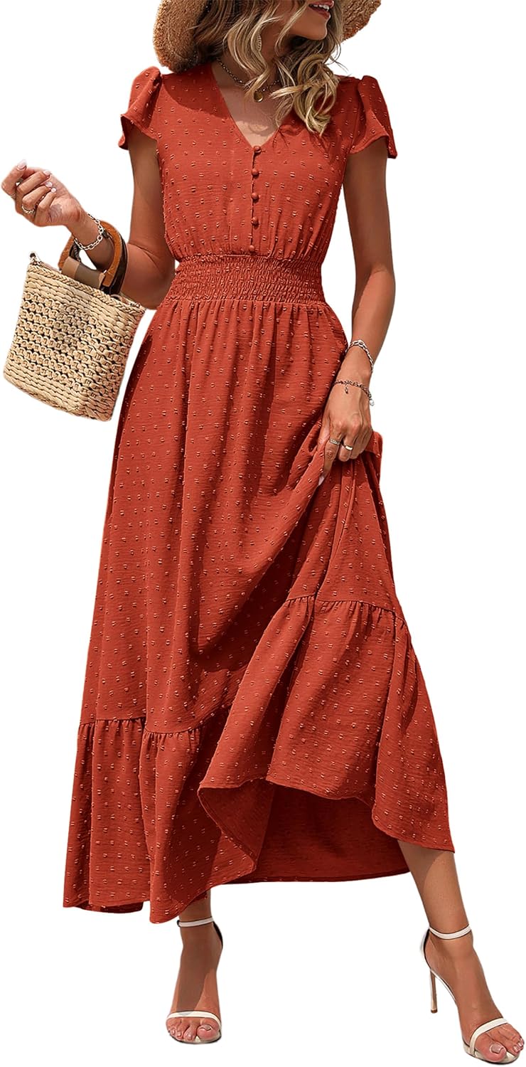 Detalle de PRETTYGARDEN 2026 Summer Maxi Dress — Boho Swiss Dot V-Neck with Ruffles