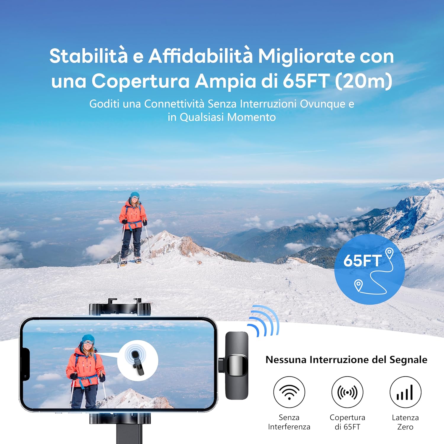 Detalle de Qhot Microfono Wireless Lavalier per iPhone/Android/PC – Batteria 10 Ore, Cancellazione del Rumore, Plug & Play