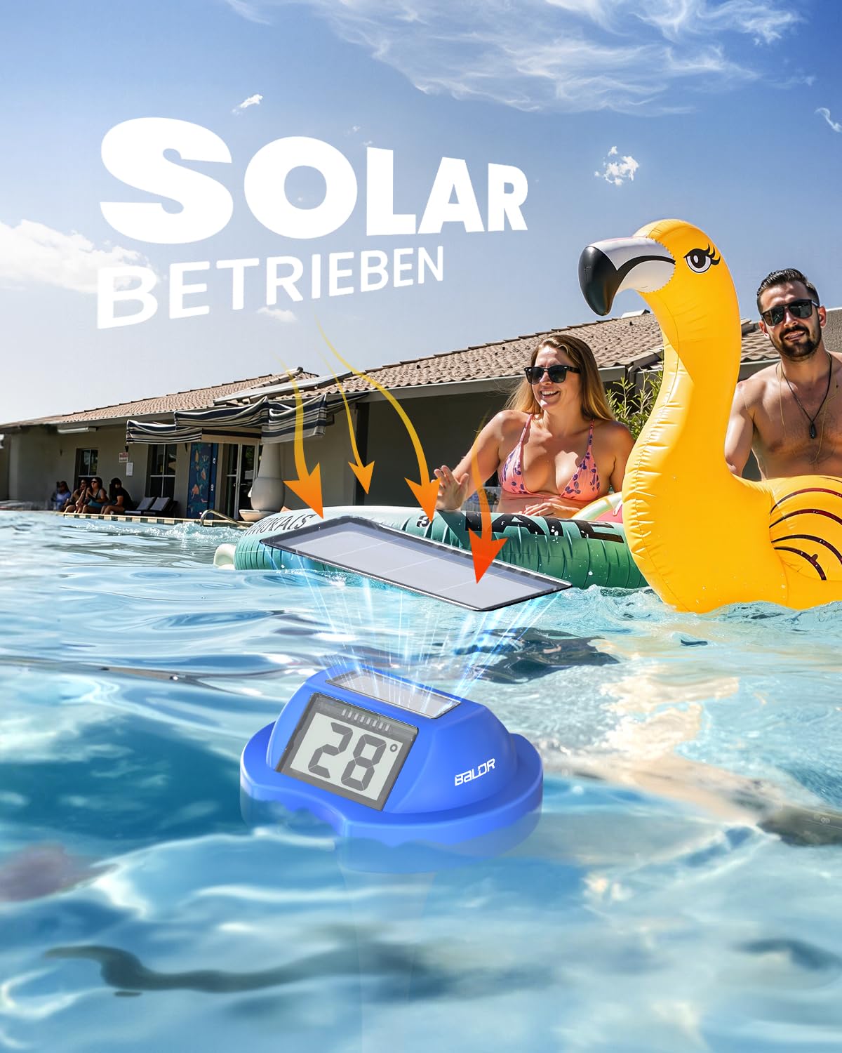 Detalle de BALDR Solar: Schwimmendes Temperaturmessgerät mit zwei großen Displays – IPX7, solarbetrieben für Pool, Spa und Gartenteiche (Dunkelblau)