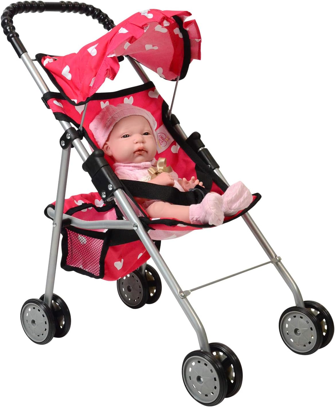 Detalle de The New York Doll Collection My First Doll Stroller with Basket & Heart Design (Pink)