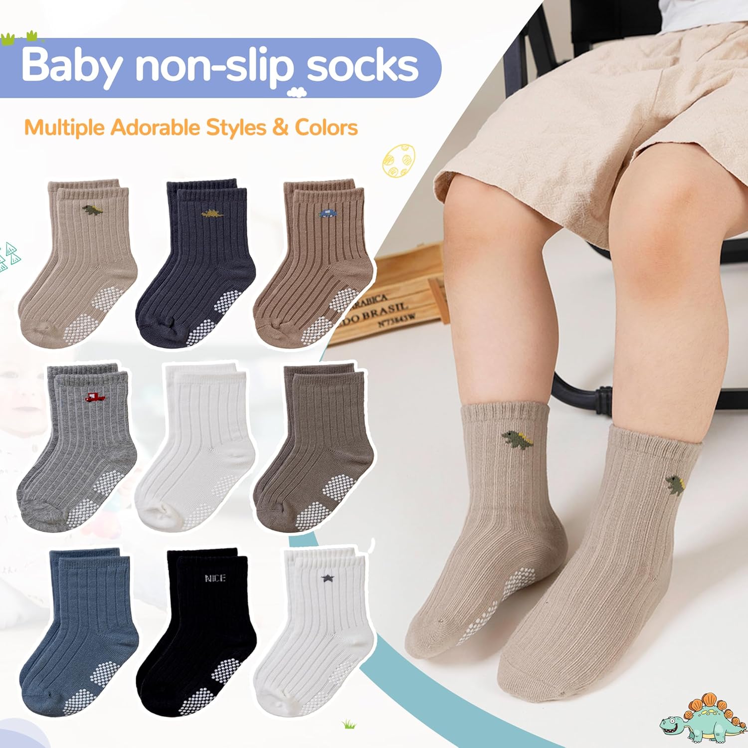 Detalle 2 de SEEYAN Baby Non Slip Socks Toddler Car & Dinosaur Pack (9 Pairs) – Anti-Slip Grip Socks for Safe First Steps