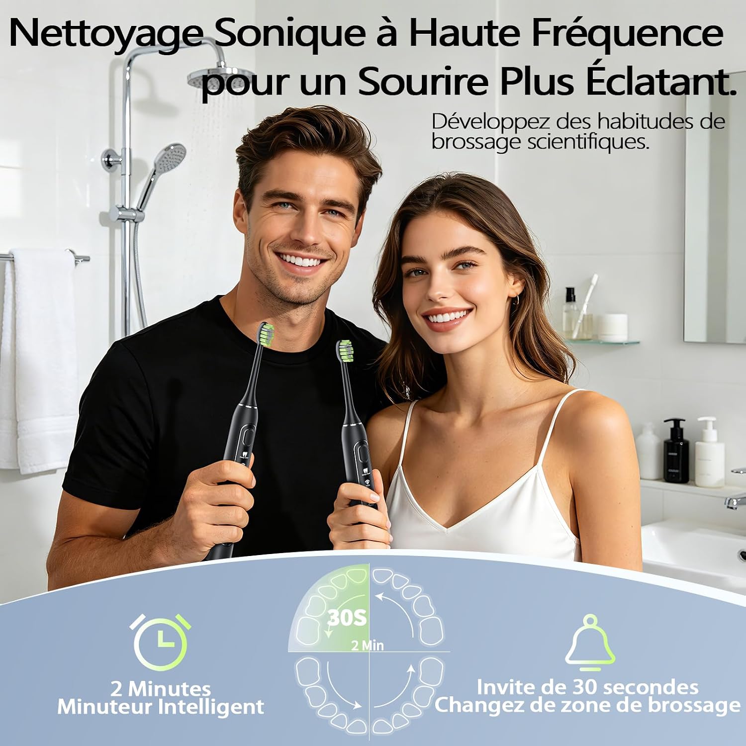 Detalle 2 de OasiSmile Brosse à Dents Électrique Soniques pour Adultes — 5 modes, autonomie 100 jours, 6 têtes incluses