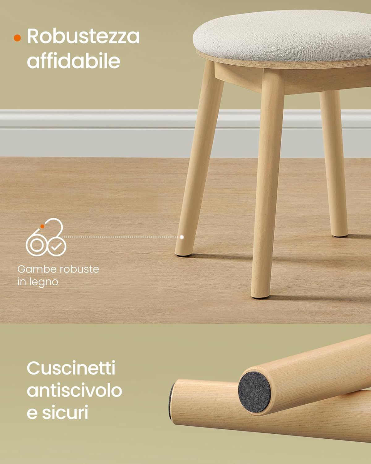 Thumbnail 3 de SONGMICS HOME BOHOVEN Collezione - Sgabello da toeletta rotondo, gambe in legno, poggiapiedi e rivestimento bouclé, bianco crema/beige rovere