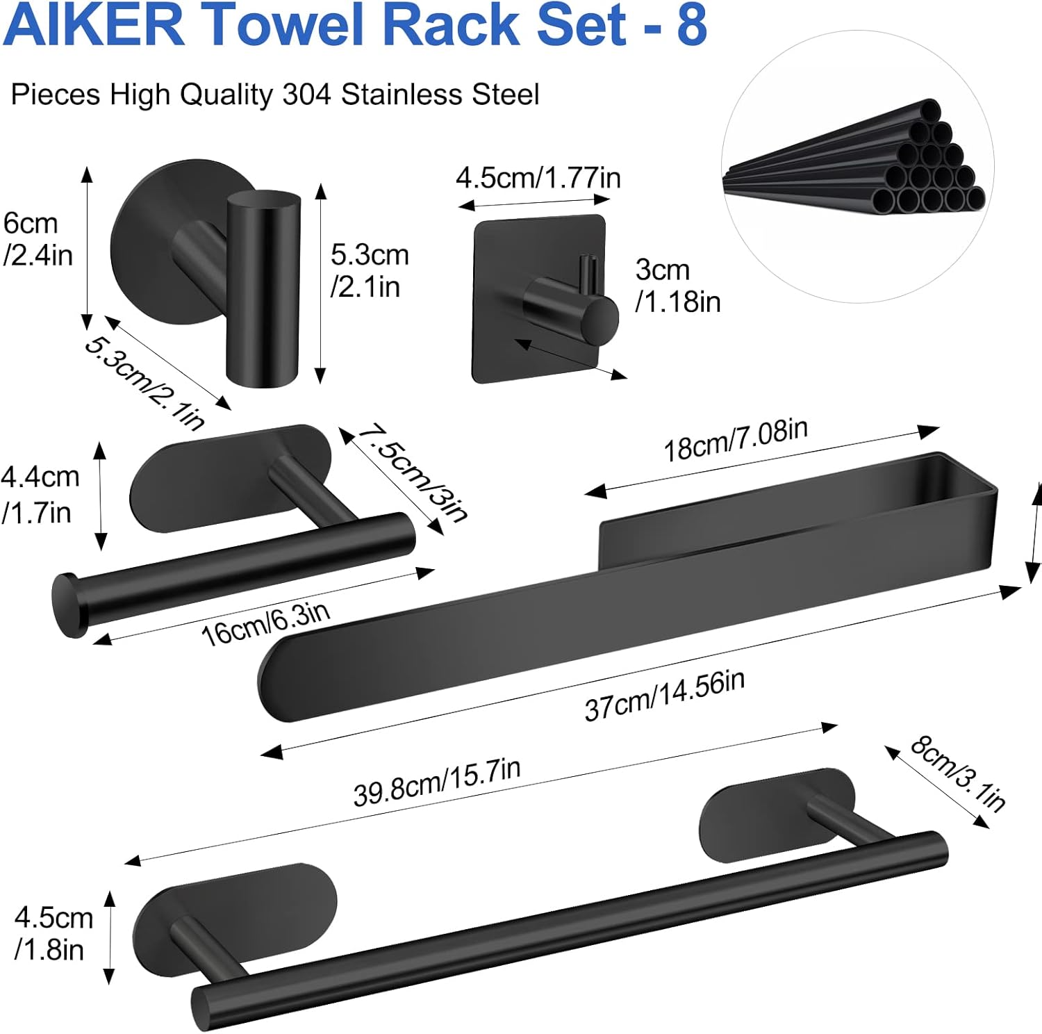 Thumbnail 3 de AIKER Porta Asciugamani Bagno – Set 8 pezzi in acciaio inossidabile 304 con adesivo, installazione senza fori