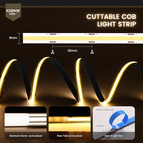 Detalle 2 de KSIBNW Striscia LED COB 12V 10M (5m x 2) – 320 LED/m, Bianco Naturale 4000K, 8mm, Adesiva, Flessibile
