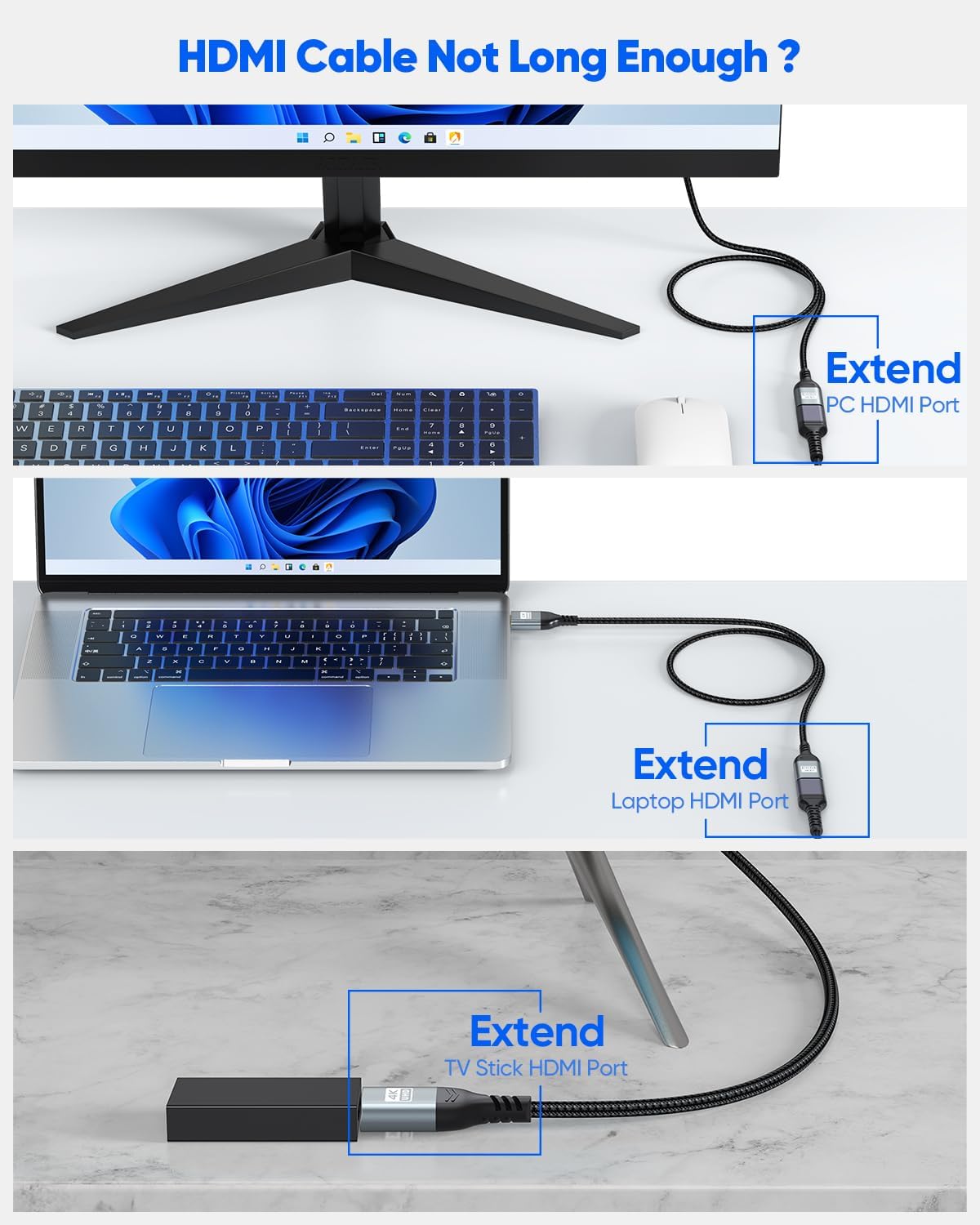 Thumbnail 4 de ZeniKon 4K HDMI Extender Cable 3FT 2-Pack: Flexible, High-Speed HDMI Extension for Gaming and Streaming