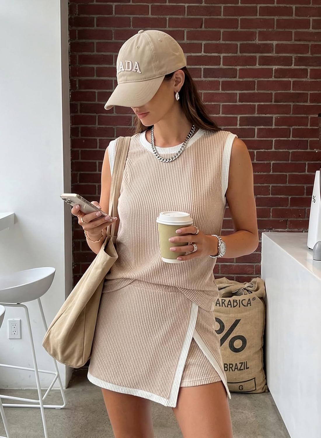 Thumbnail 1 de EVALESS 2 Piece Knit Tank Top & Split Lined Skirt Set for Women