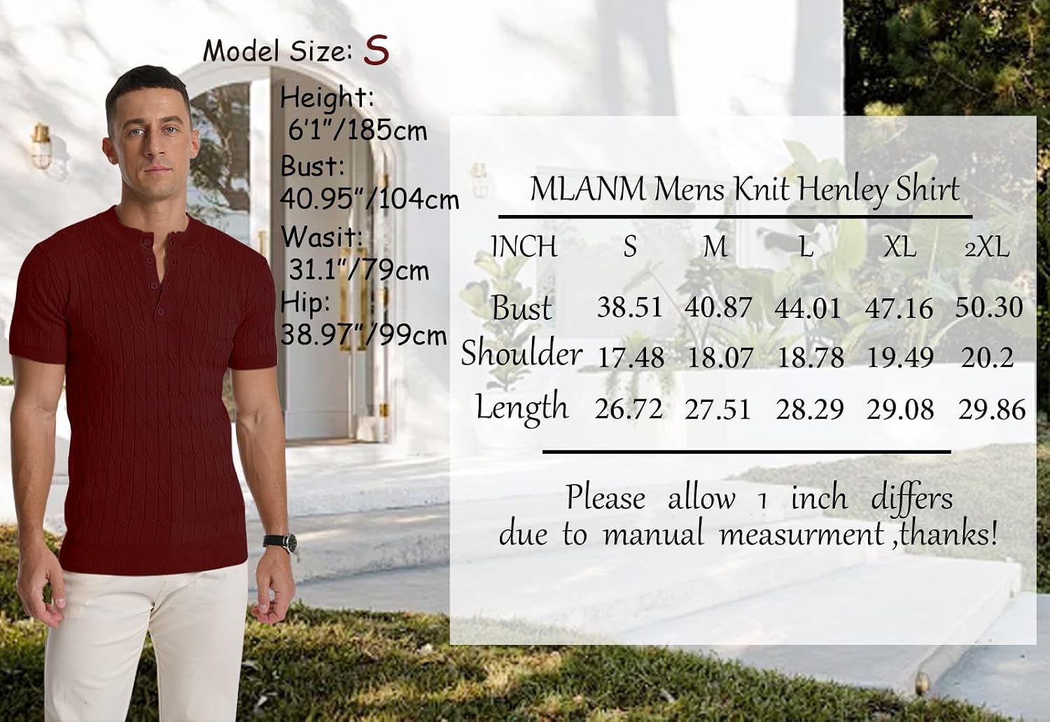 Thumbnail 5 de MLANM Men's Knitted Henley T-Shirt Polo – Short Sleeve, Slim Fit, Lightweight Summer Comfort