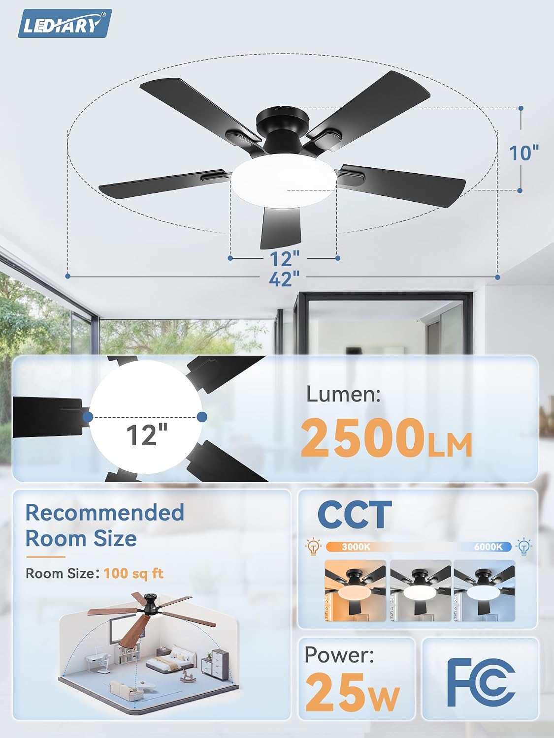 Thumbnail 6 de LEDIARY Flush-Mount Ceiling Fan 42-Inch