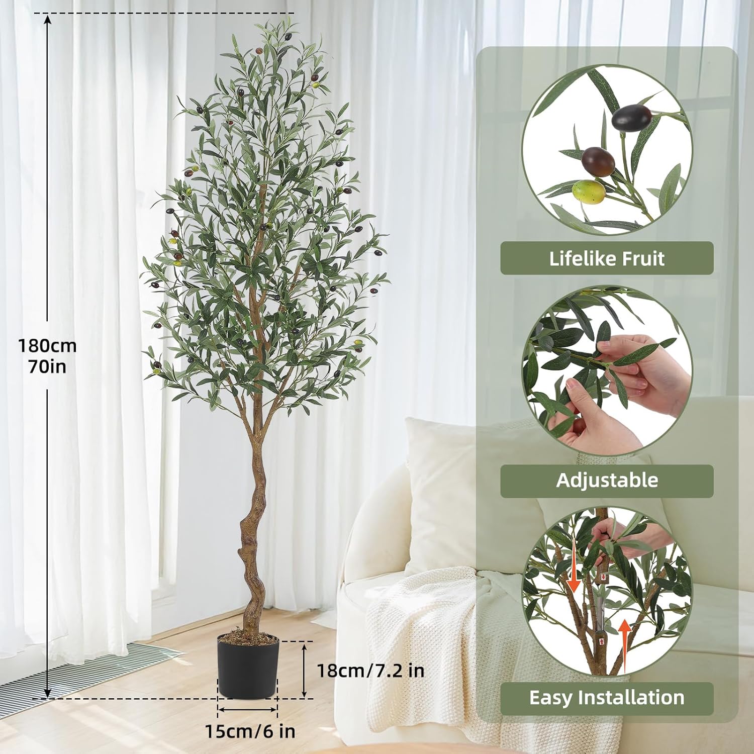 Thumbnail 1 de Aptliton 6FT Artificial Olive Tree (180cm) with Fruits & Wood-Style Trunk – Tall Fake Plant for Indoor/Outdoor Decor