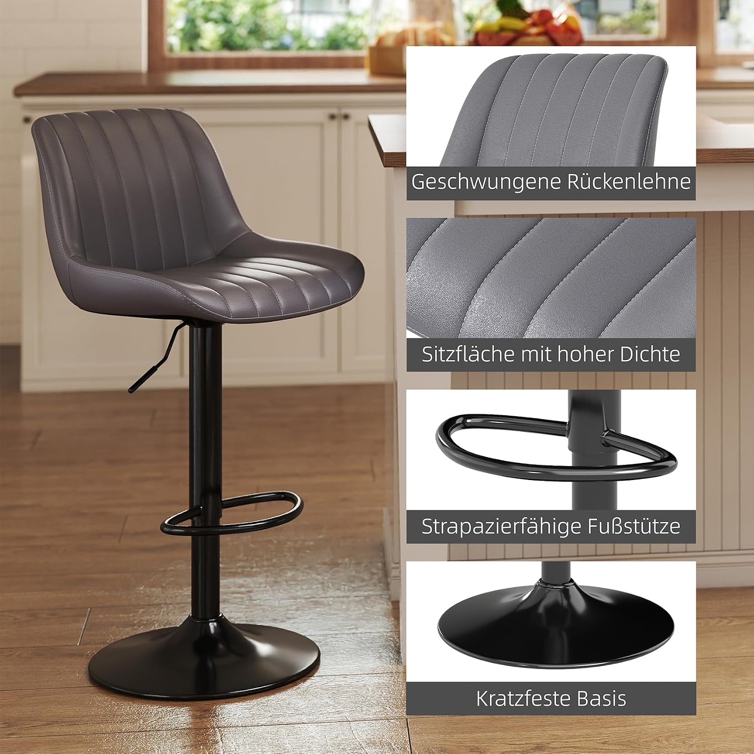 Thumbnail 6 de Youhauchair Barhocker 4er-Set mit Rückenlehne, drehbar & höhenverstellbar (PU-Leder), dunkelgrau