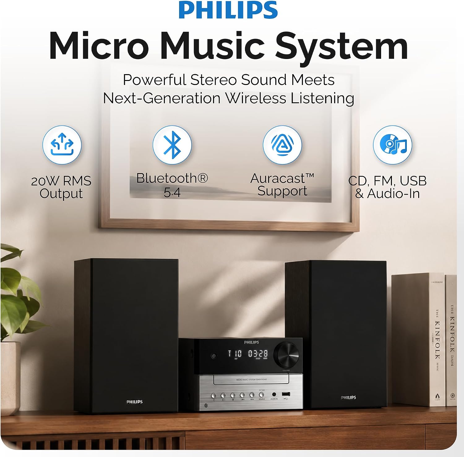 Detalle de Philips TAM3205M2 Micro Music System, Bluetooth 5.4, CD Player, 20W Stereo