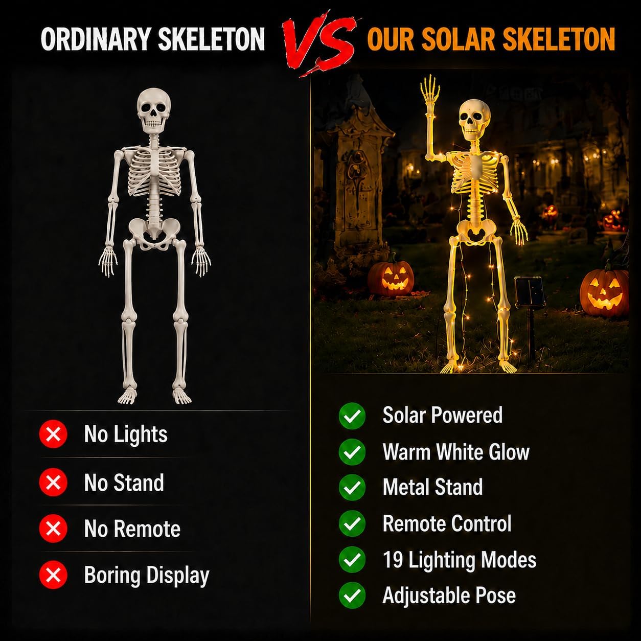 Detalle de Anrtrog KL001 36-Inch Solar Halloween Skeleton with Warm Lights and Remote