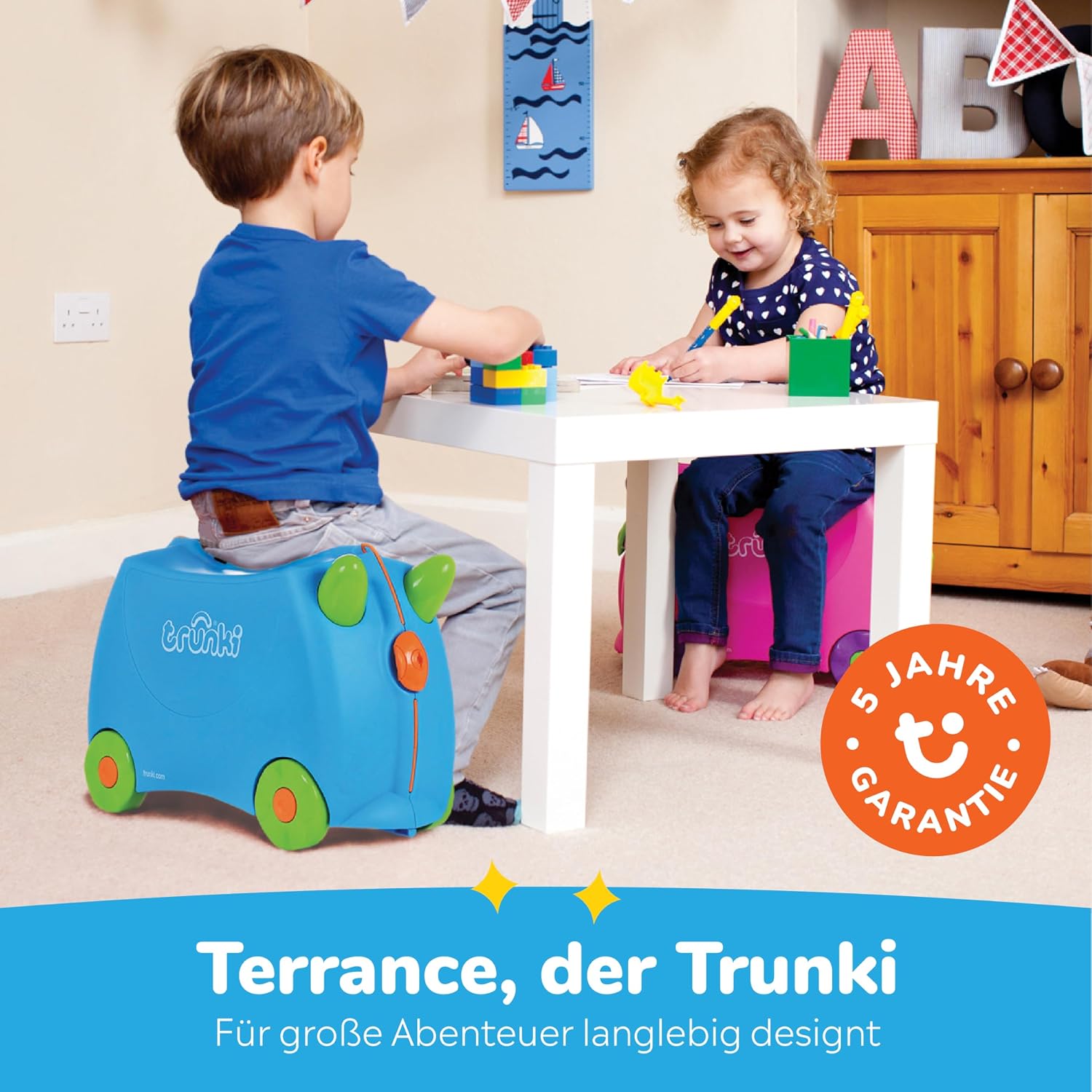 Detalle de Trunki Der originale Kinderkoffer zum Draufsitzen – 18 L Handgepäck, befahrbarer Hartschalen Reisekoffer mit Rollen