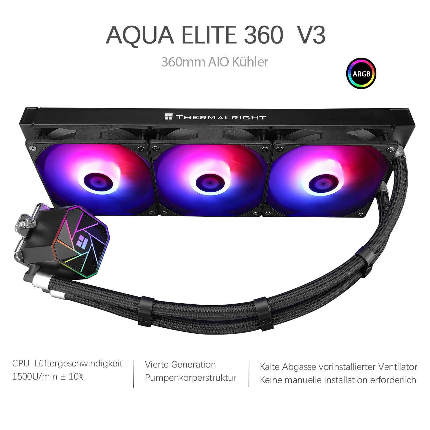 Detalle de TR-Thermalright Aqua Elite 360 V3 Wasserkühlung – Komplettset für AM4/AM5, ARGB 3x120mm