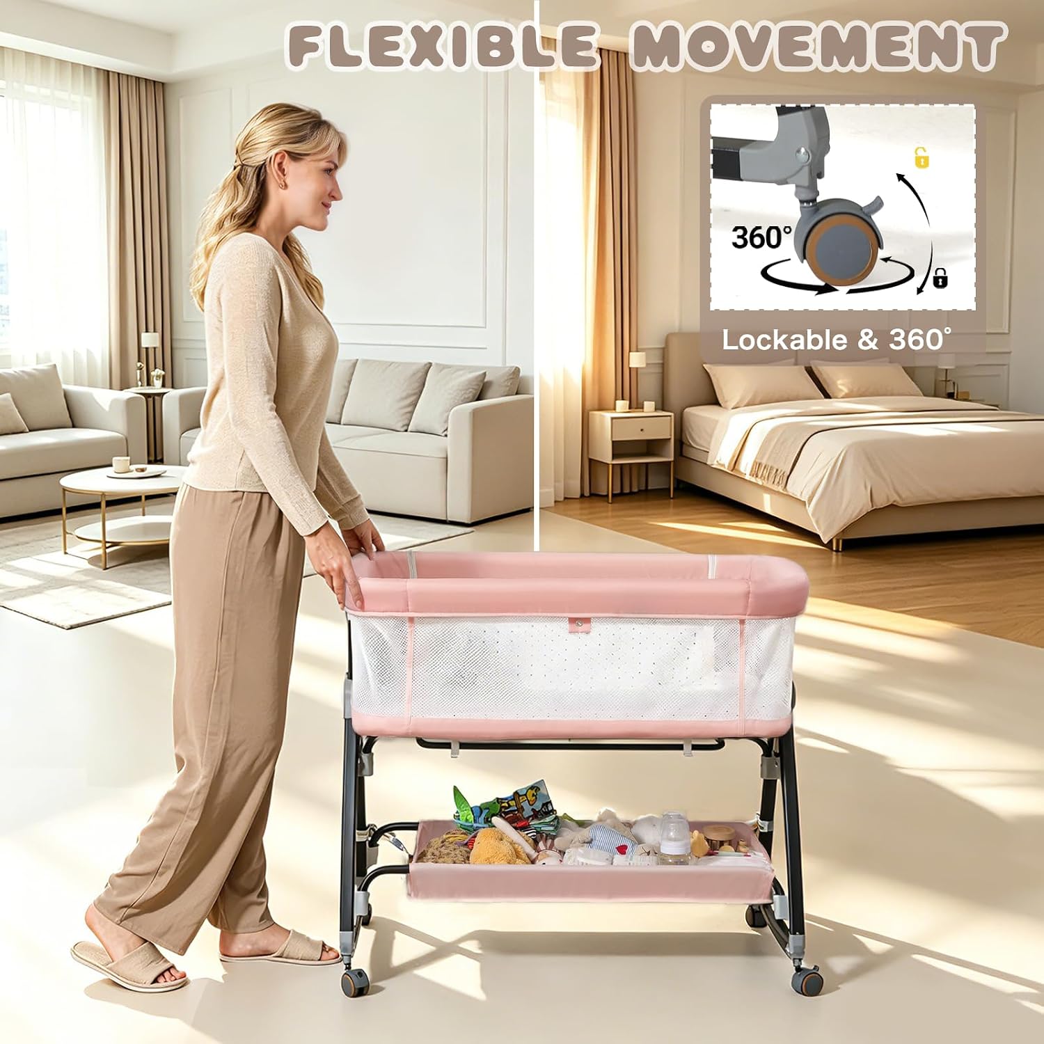 Thumbnail 6 de feelogos BB-858 Bedside Bassinet with Adjustable Height, Mesh Sides & Wheels