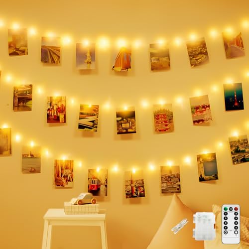 Detalle de CNMTCCO Guirnalda de 100 LEDs con clips para fotos, 10 m, funcionamiento con pilas y control remoto