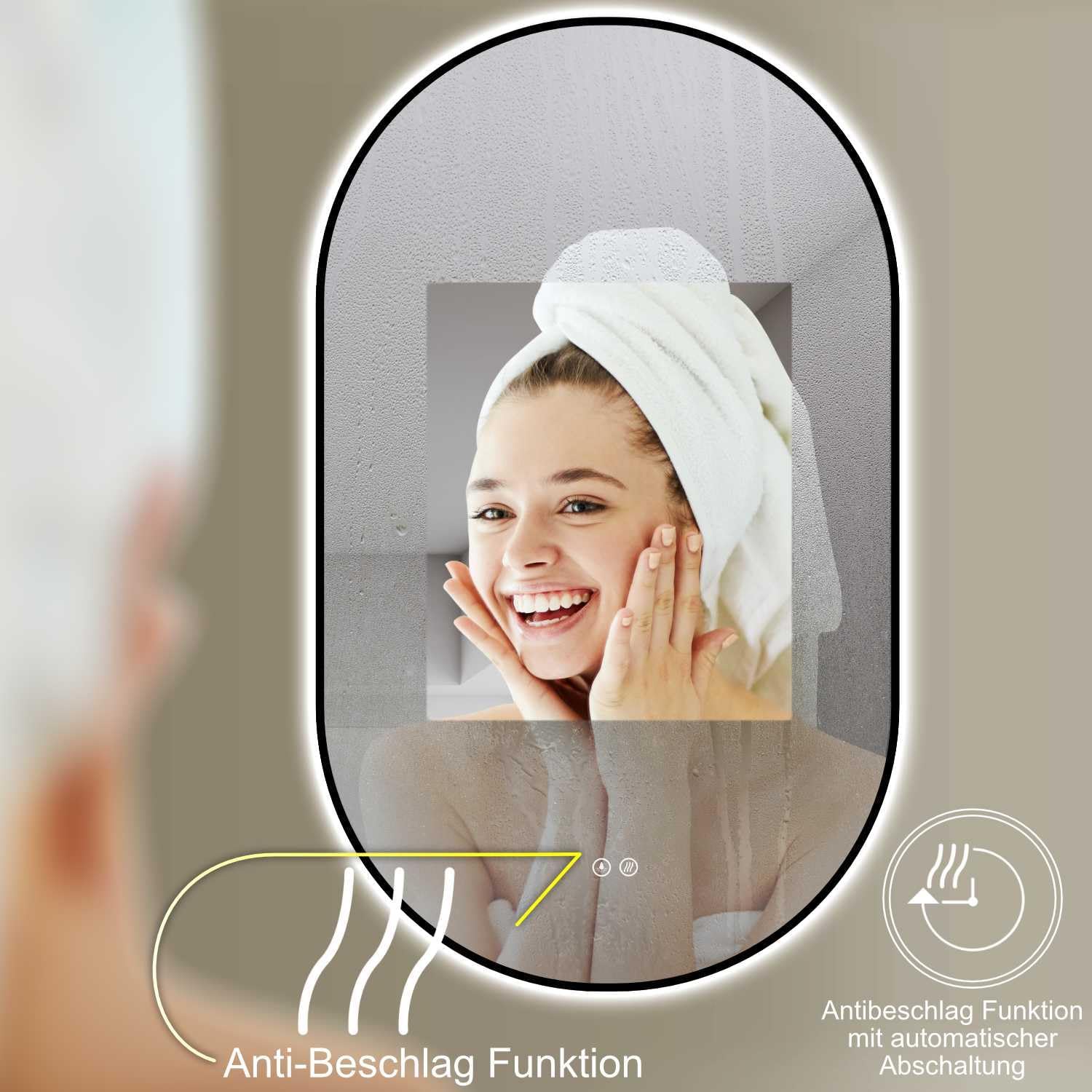 Thumbnail 5 de HOKO Specchio-Bagno con Luce Ovale Antiappannamento LED 45x75 cm, Cornice Metallo Nera, Montaggio Verticale/Orizzontale