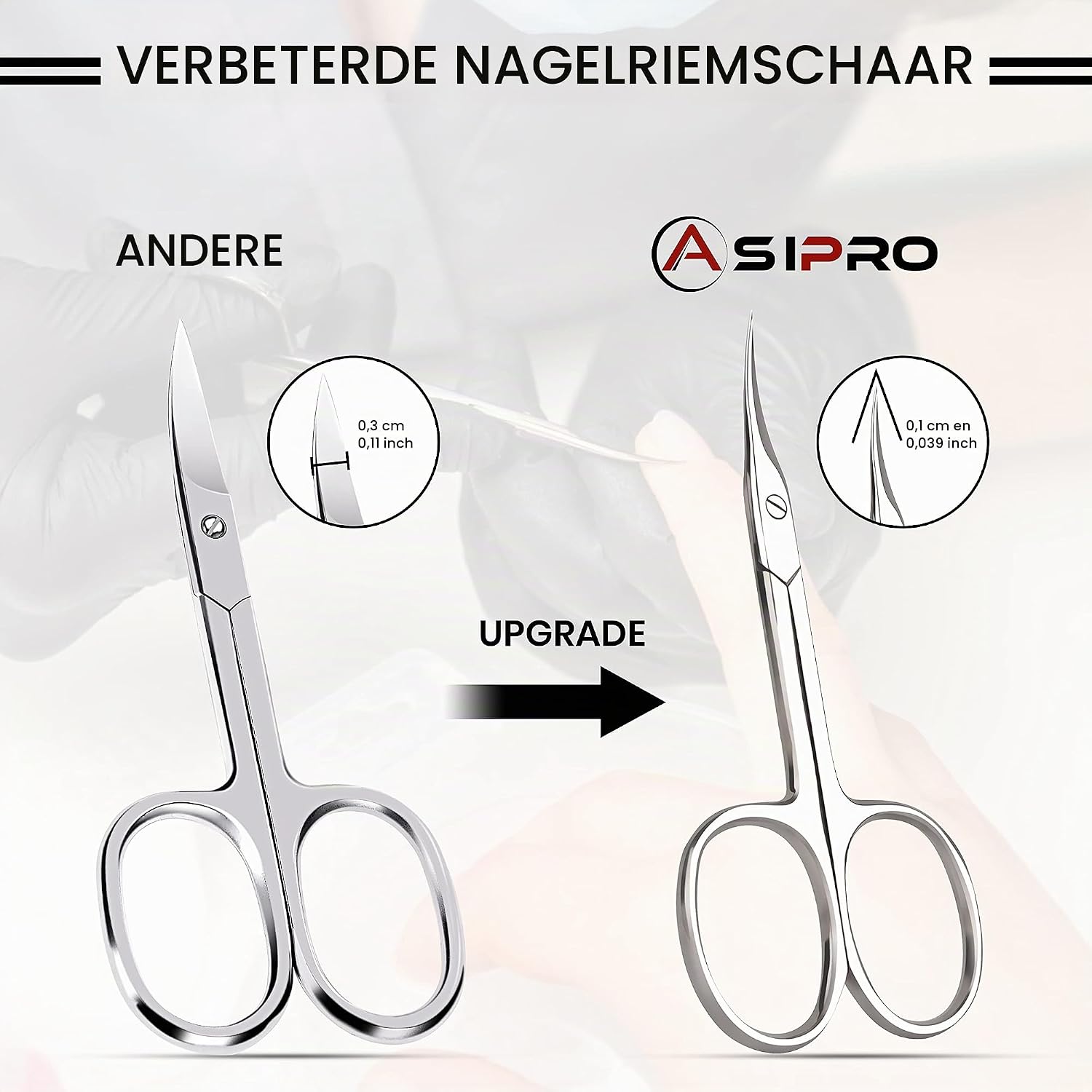 Detalle 2 de ASIPRO nagelriemschaar met gebogen punt, roestvrij staal en etui