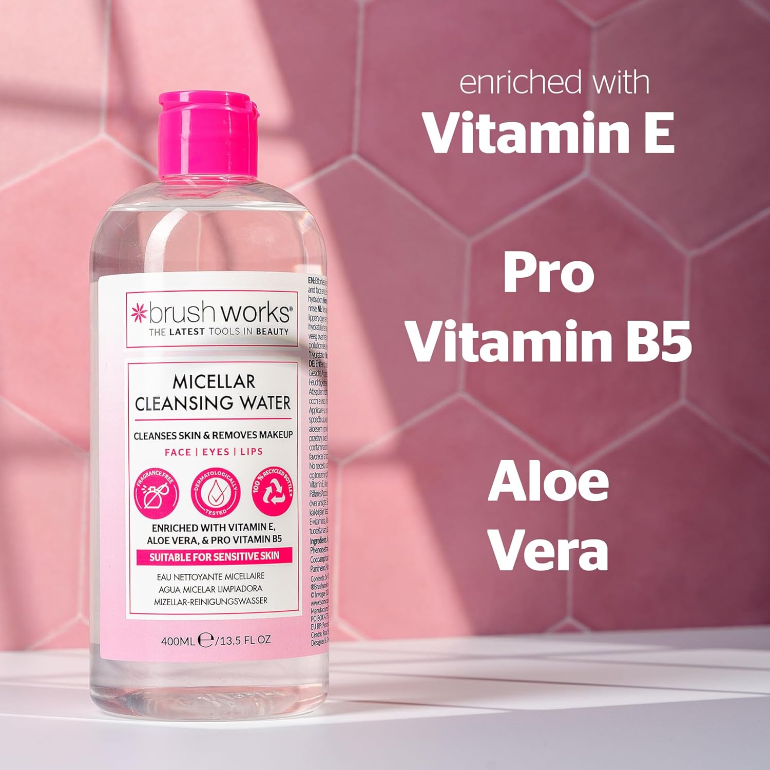 Detalle de Brushworks Micellar Cleansing Water 400ml – Fragrance Free Makeup Remover for Face, Eyes & Lips